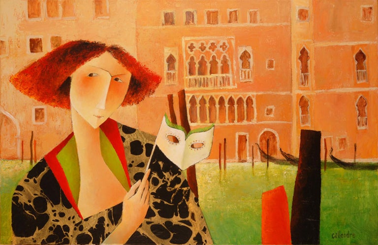 Françoise Collandre Portrait Painting - "Maybe See You Tonight", Woman with Mask in Venice Figurative Acrylic Painting