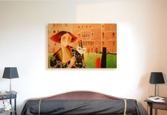 „Maybe See You Tonight“, Frau mit Maske in Venedig, figuratives Acrylgemälde