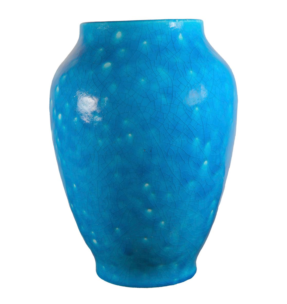 Raoul Lachenal Large Crackle Glaze Egyptian Blue French Baluster Ceramic Vase