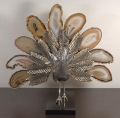 Peacock Brass and Agate Sculpture on Black Marble Base Attributed to Willy Daro
