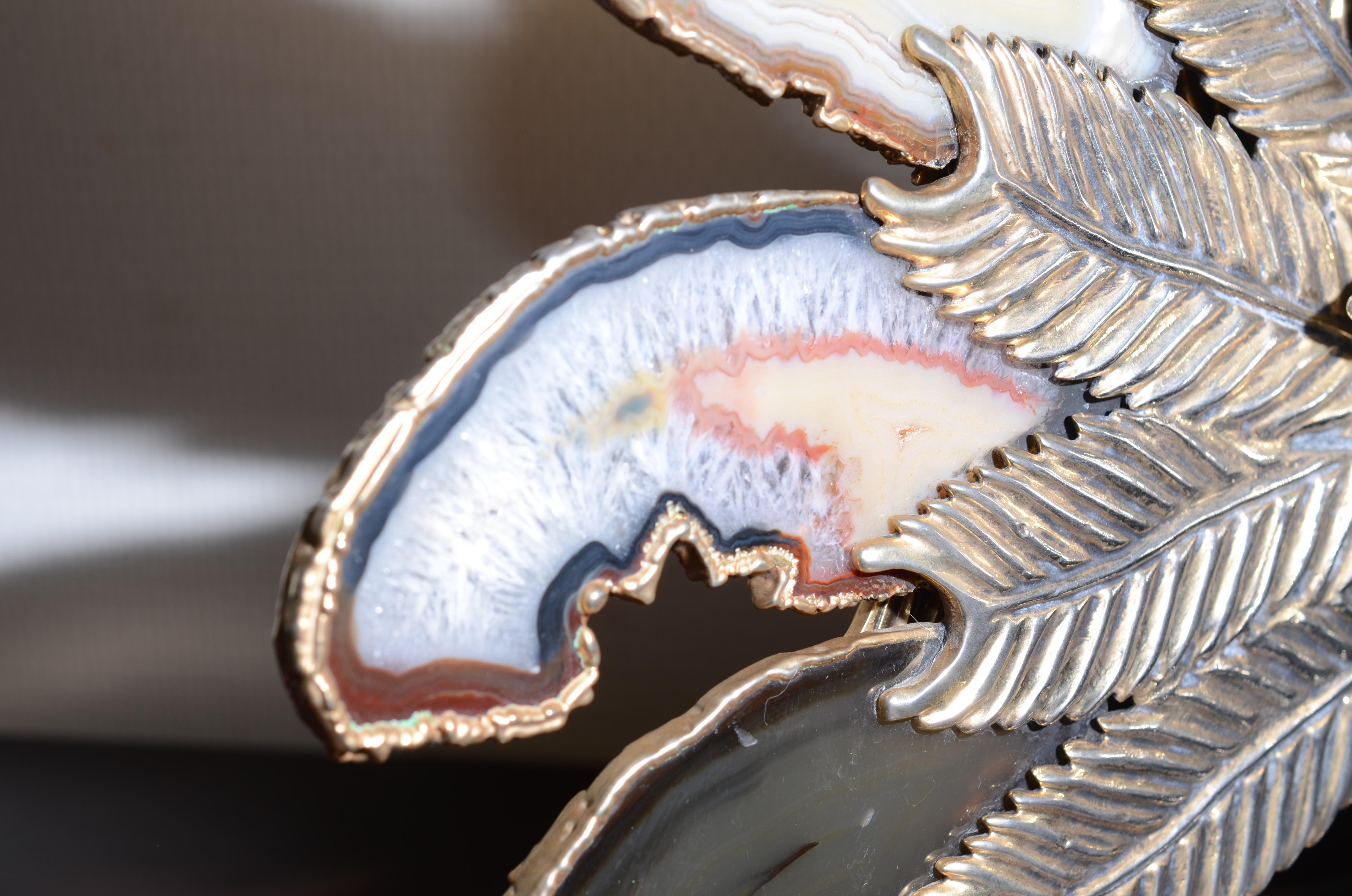 Peacock Brass and Agate Sculpture on Black Marble Base Attributed to Willy Daro For Sale 3