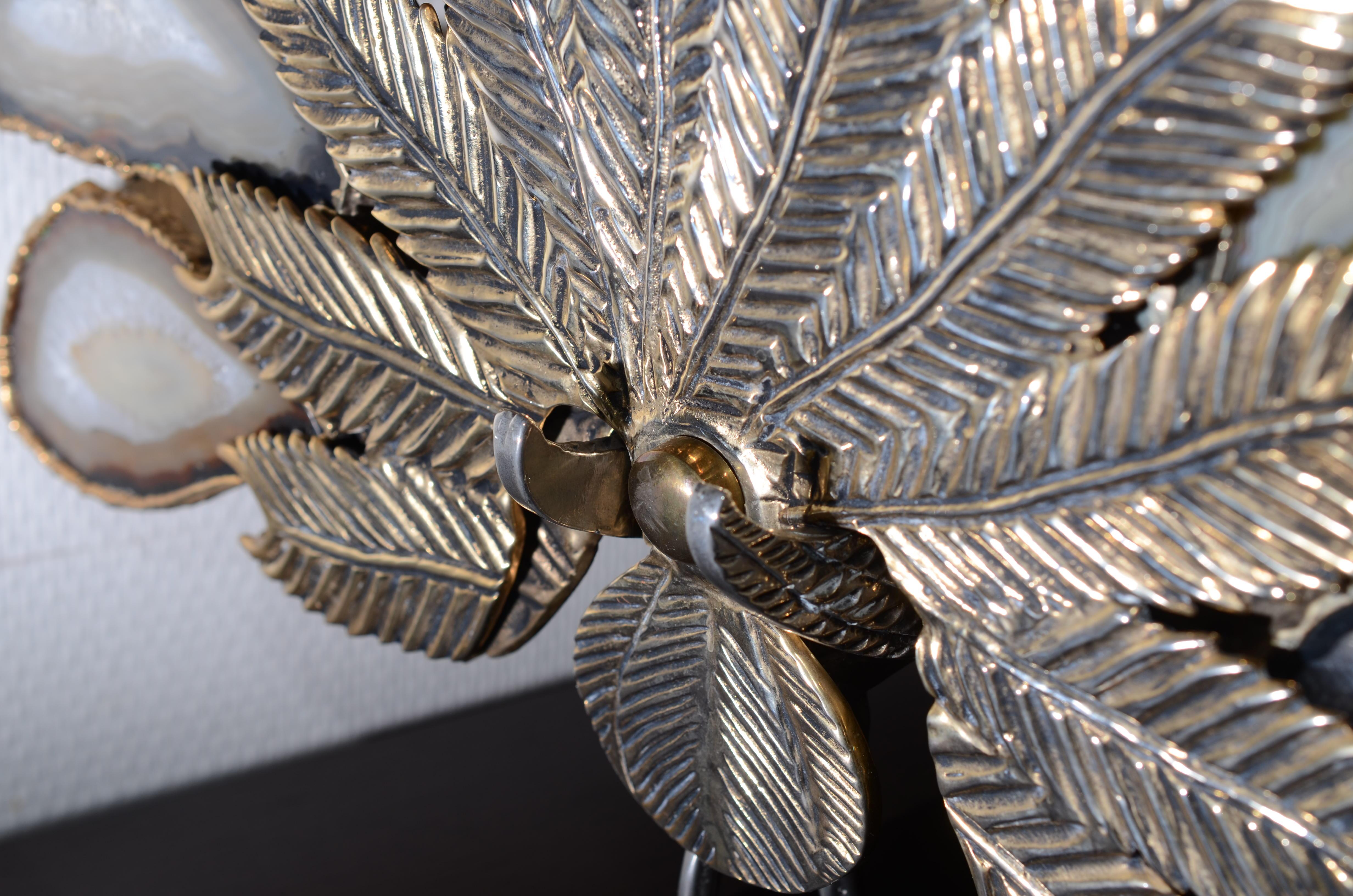 Peacock Brass and Agate Sculpture on Black Marble Base Attributed to Willy Daro For Sale 13