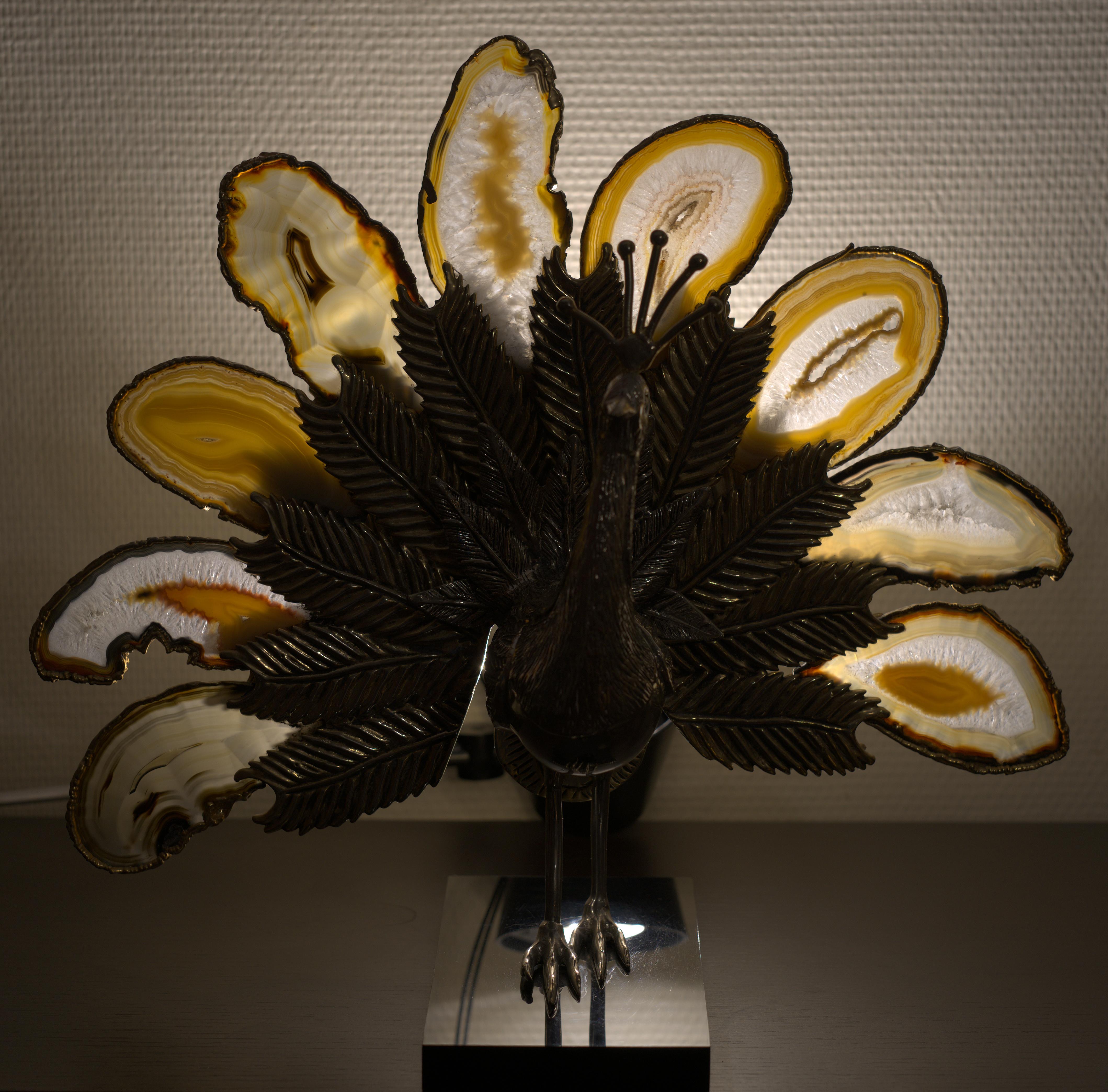 Peacock Brass and Agate Sculpture on Black Marble Base Attributed to Willy Daro For Sale 16