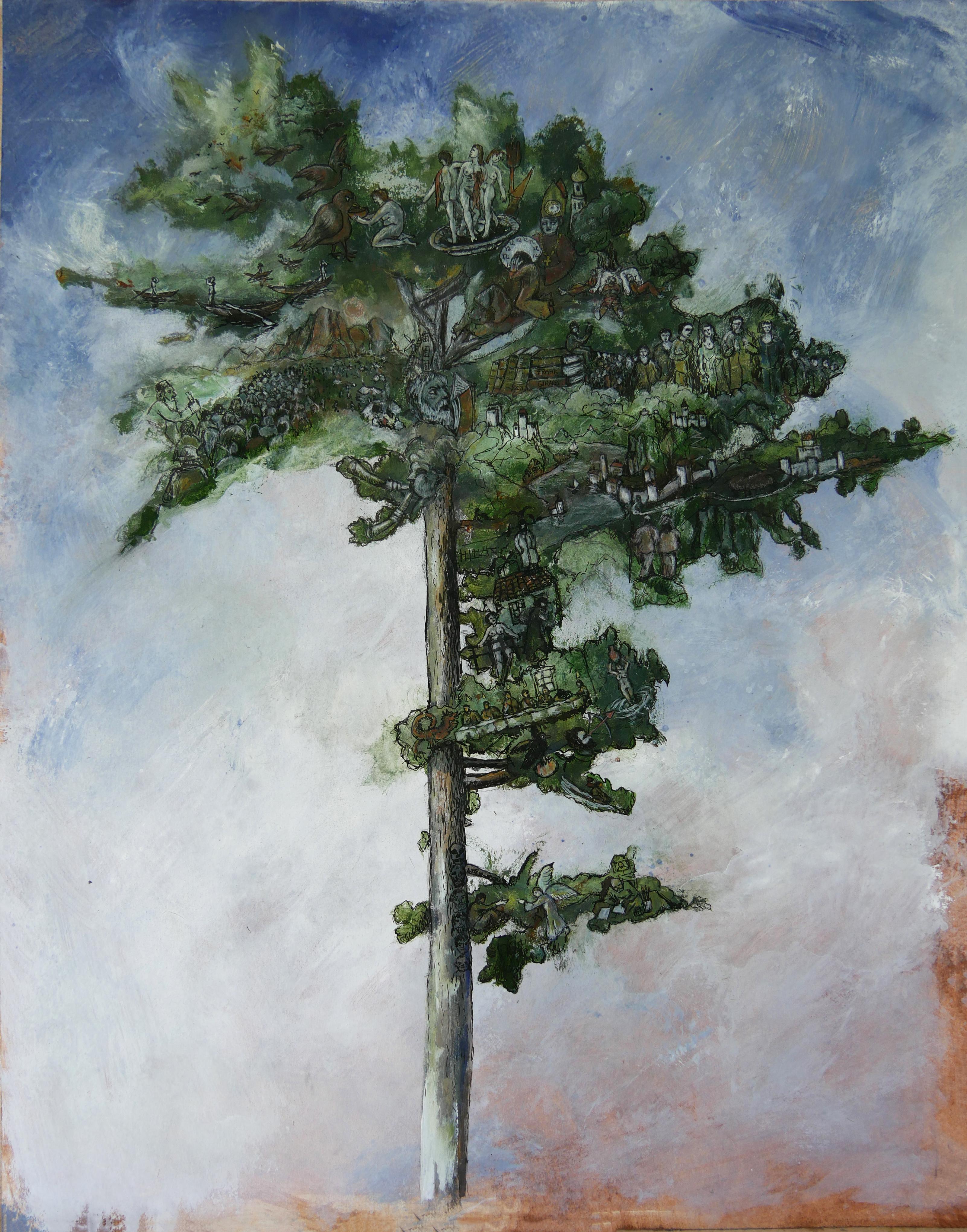 Frank Girard Figurative Art - "Great Pine", Tree Inhabited by Human in Nature, Drawing and Pigments on Paper