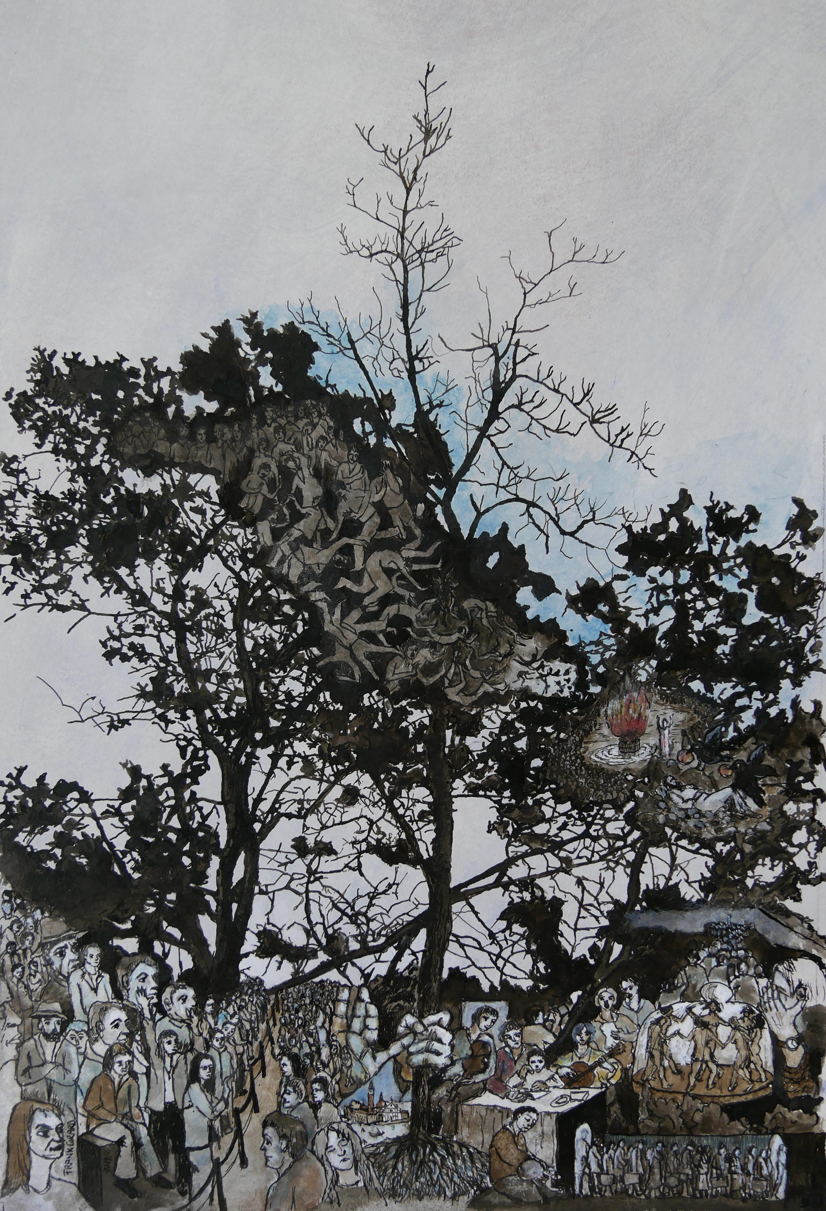 Frank Girard Landscape Art - "Elie", Trees Inhabited by Human in Nature, Pigments Ink Drawing on Paper