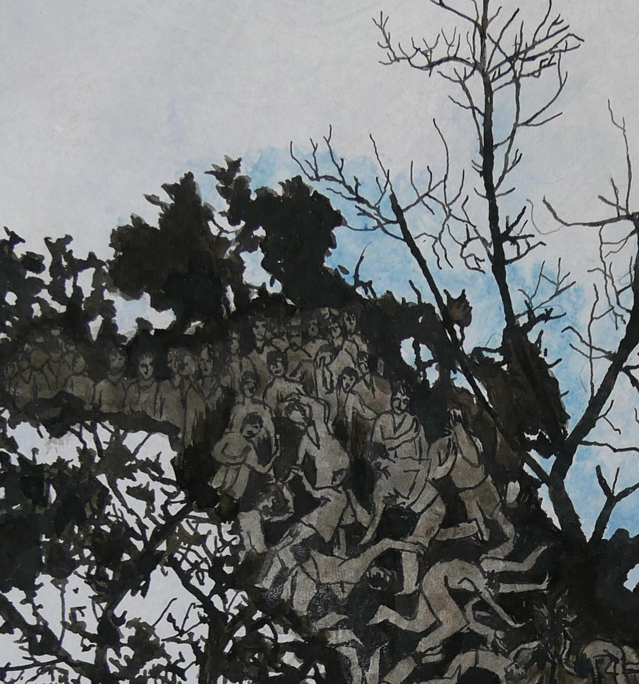 „“Elie“, Bäume, die von Menschen in der Natur bewohnt werden, Pigment Tinte Zeichnung auf Papier im Angebot 2