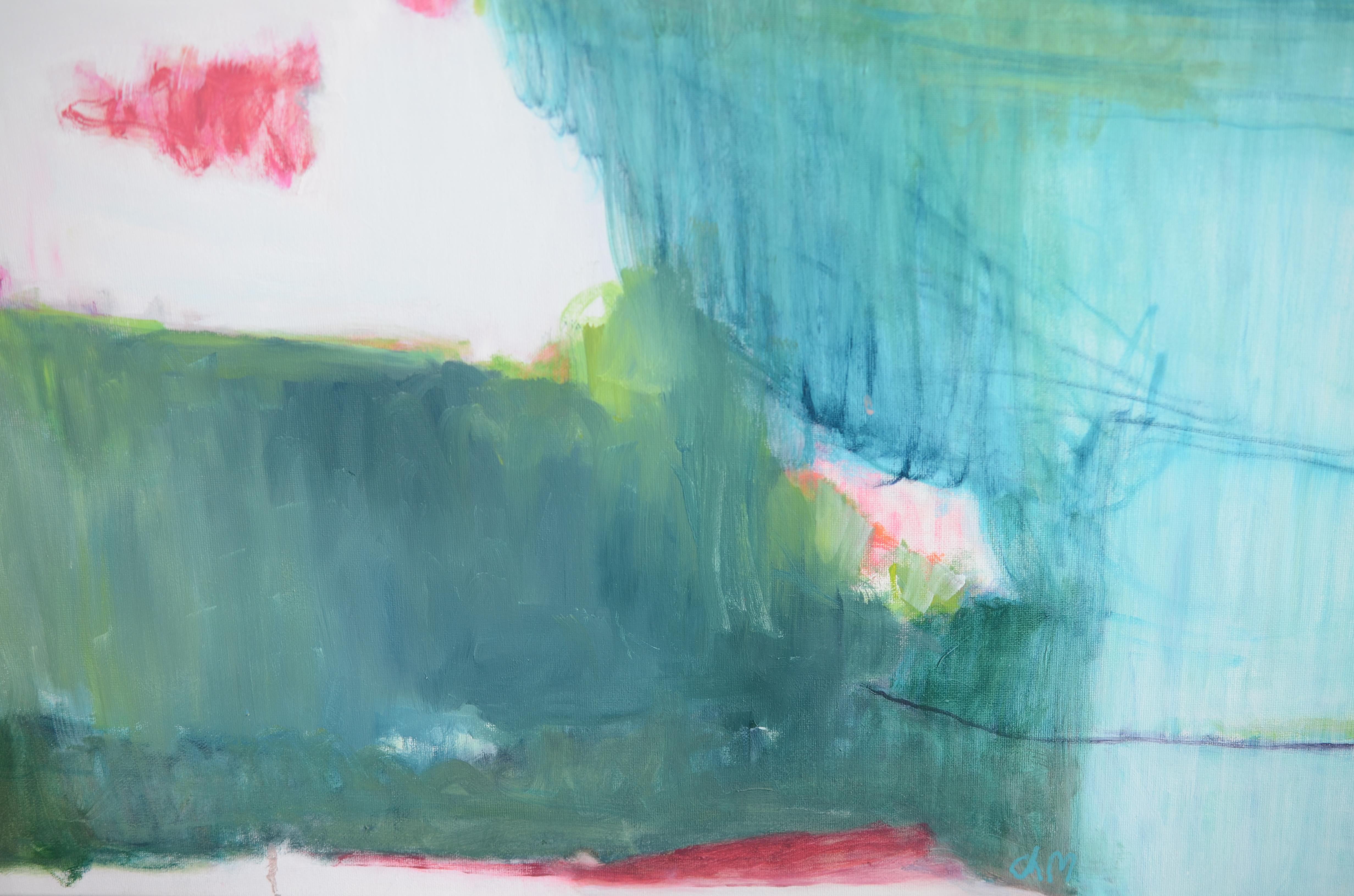 « À la fenêtre »  Peinture à l'huile - Paysage abstrait vert bleu rose blanc  - Painting de Christine Morin