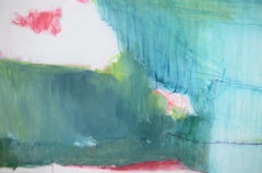 "At the Window",  Green Blue Pink White Abstract Landscape Oil Painting