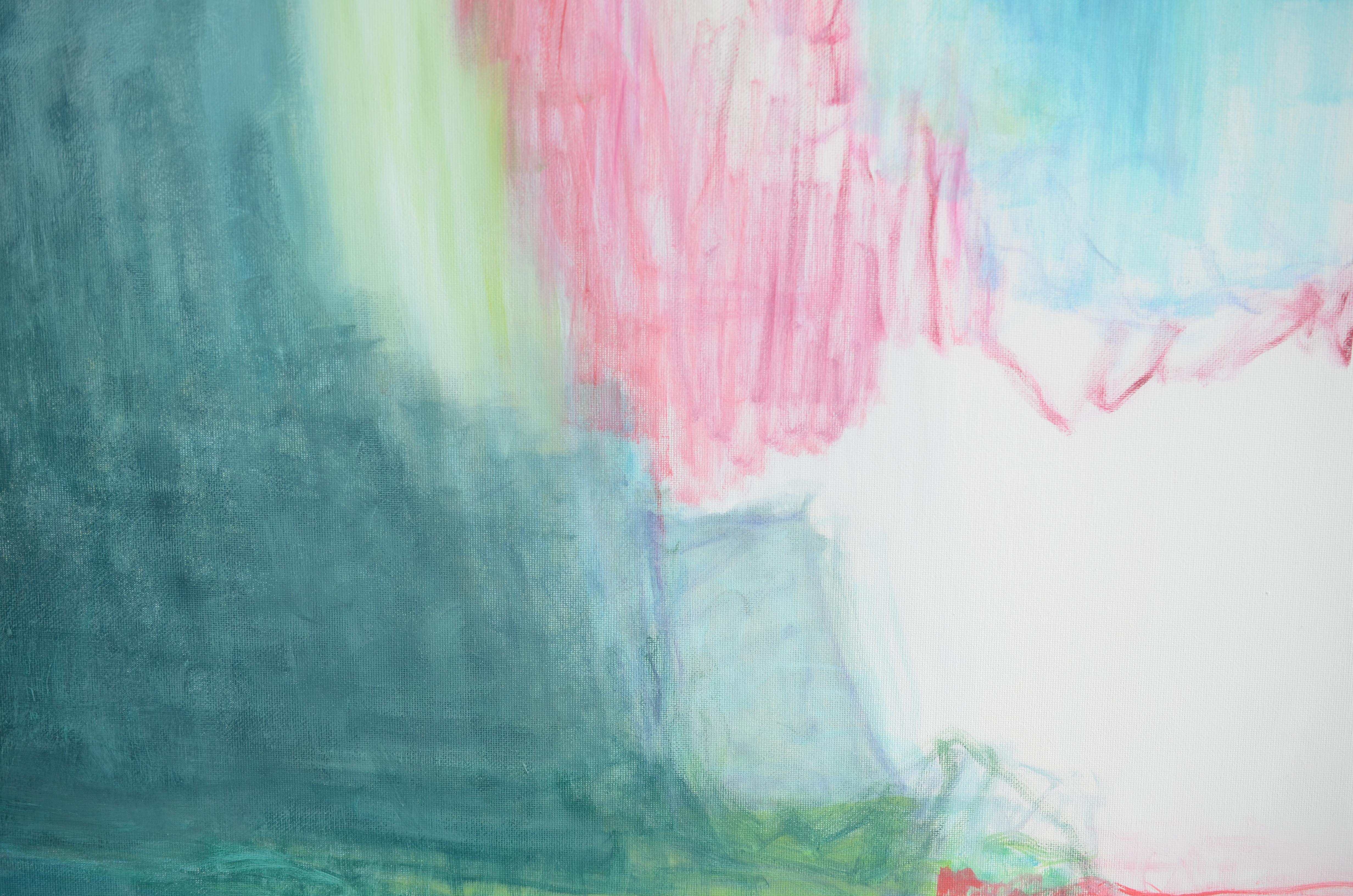 « À la fenêtre »  Peinture à l'huile - Paysage abstrait vert bleu rose blanc  - Bleu Abstract Painting par Christine Morin