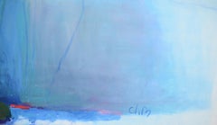 "The Birds are Watching Us", Blue Pink White Abstract Landscape Oil Painting