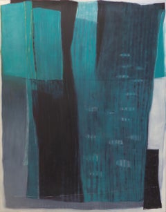 "White Promise", Blued Green Black Lines Formless White Abstract Oil Painting 