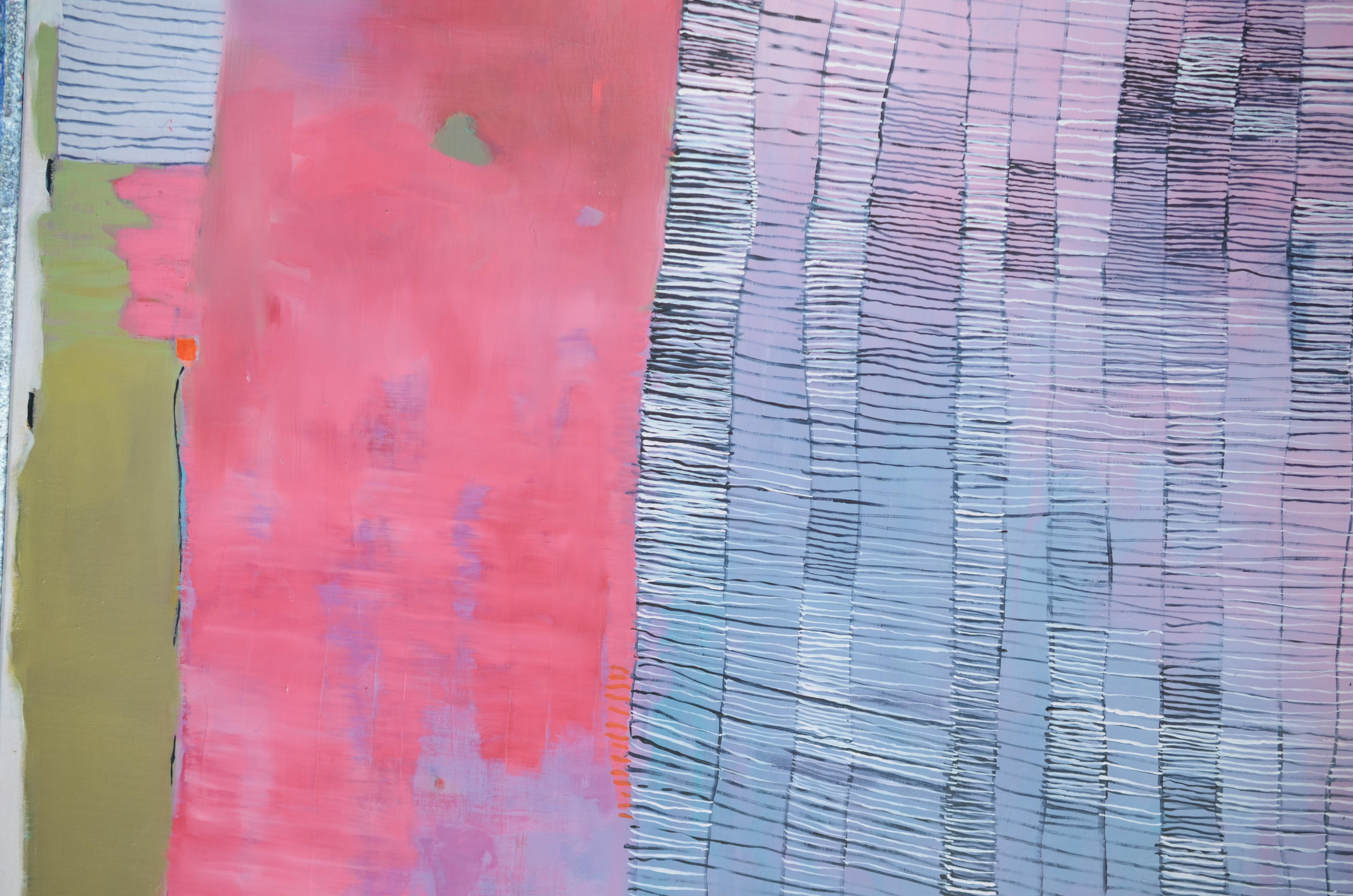 Abstraktes Ölgemälde „Recalling Roses“ mit rosa-blauem Muster und feinen Linien im Angebot 2