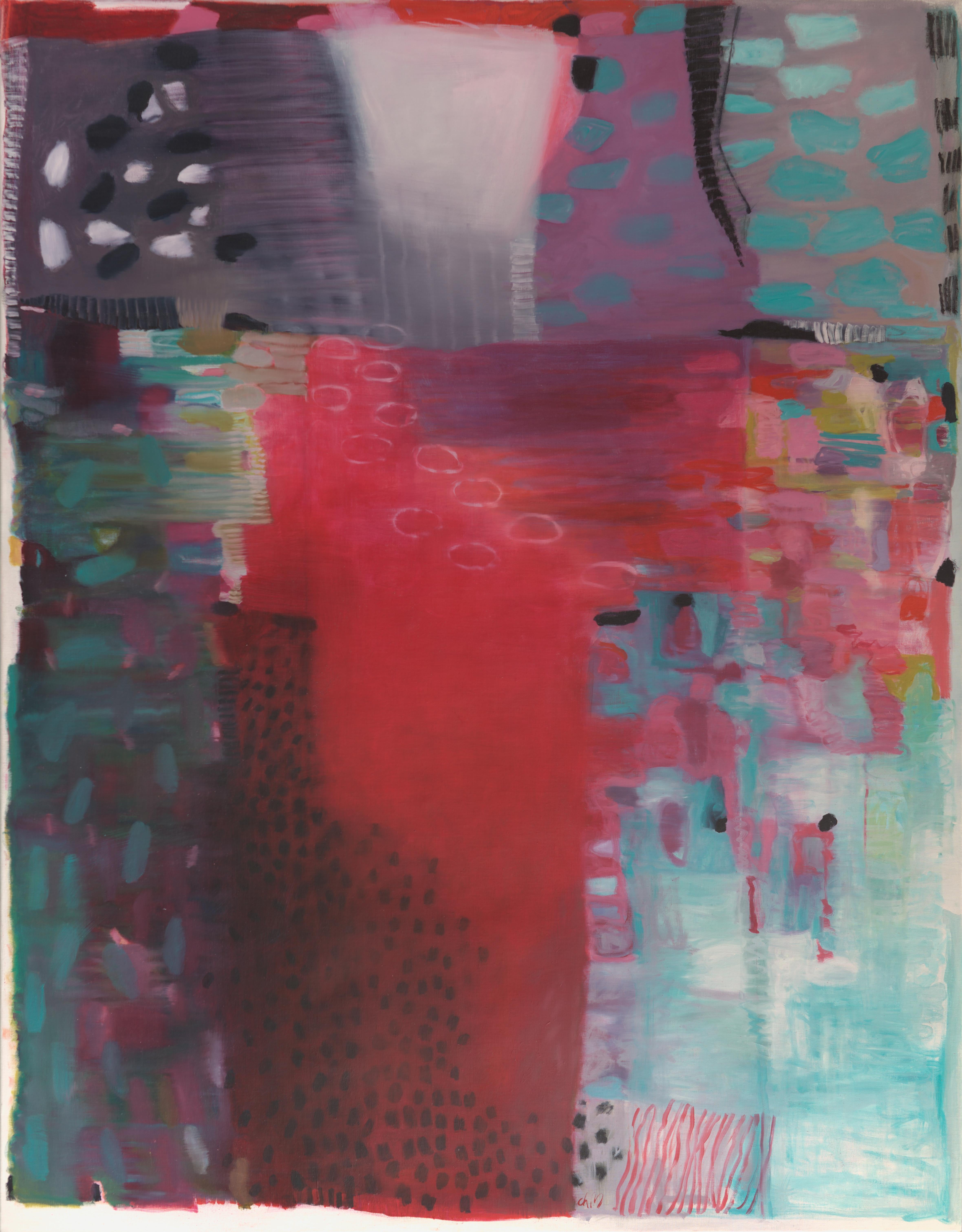 Christine Morin Abstract Painting – „“Remains of Oblivion“, abstraktes Ölgemälde mit rosa, rotem und hellgrünem Muster 