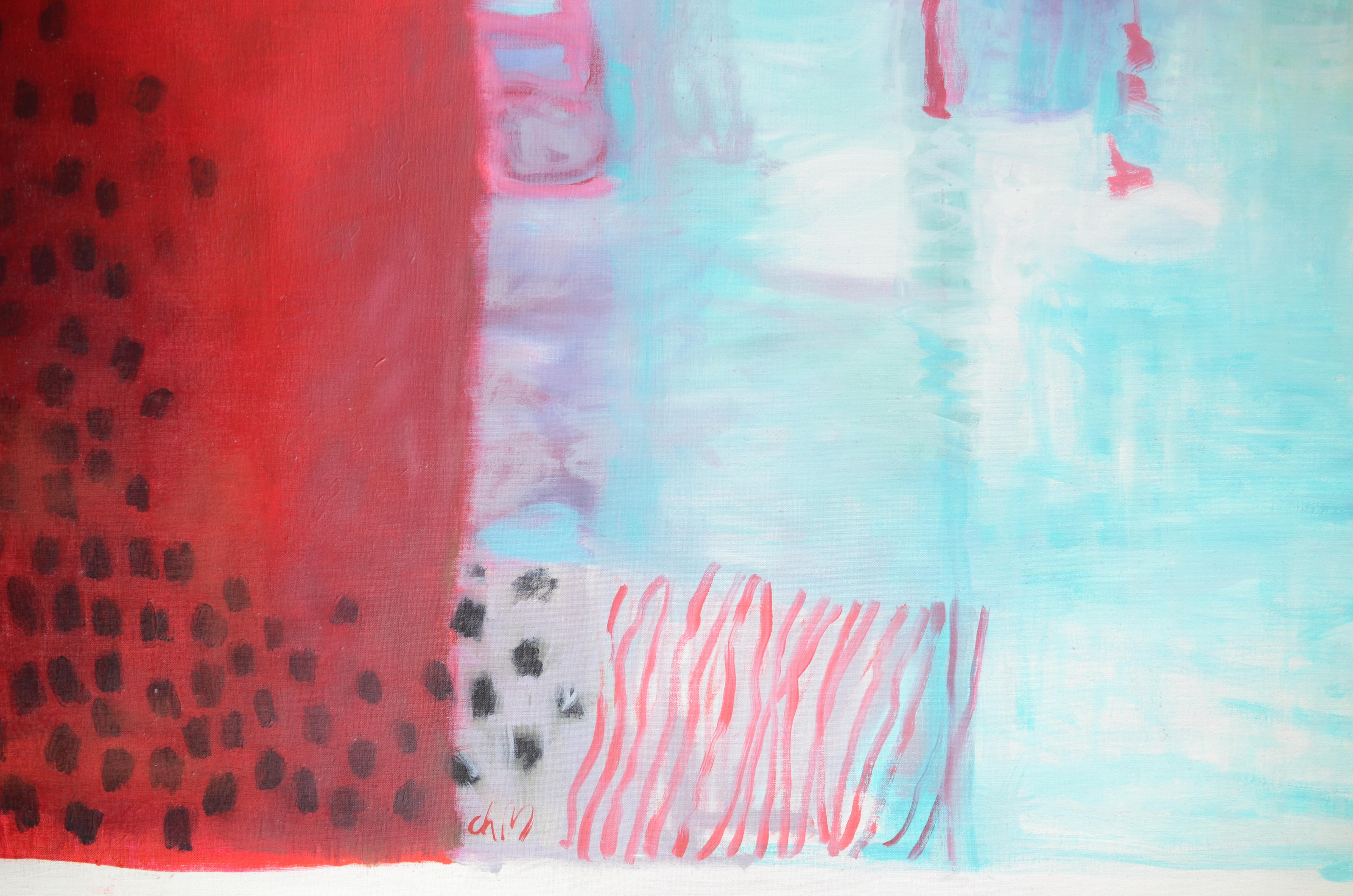 „“Remains of Oblivion“, abstraktes Ölgemälde mit rosa, rotem und hellgrünem Muster  im Angebot 1