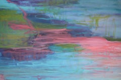 "Pink Dew", Green Abstract  Landscape Oil Painting