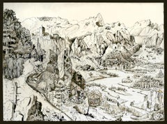 « The Gate », au château intérieur, pigment de porcelaine et encre chinoise, grand dessin de paysage