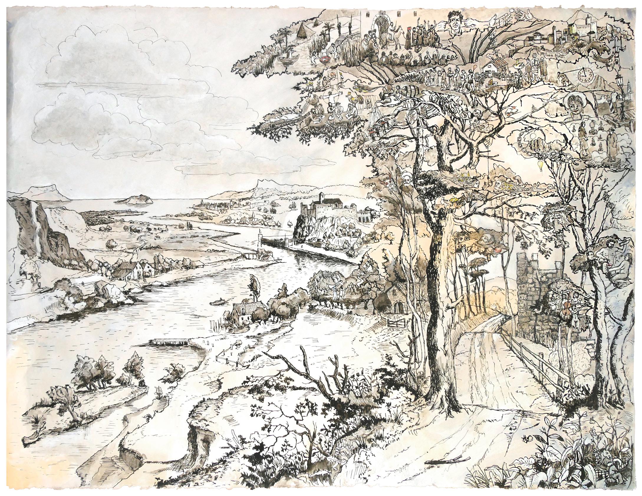 "My House by the River", Humans in Nature Pigment Chinese Ink Landscape Drawing 
