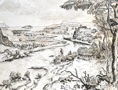 "My House by the River", Humans in Nature Pigment Chinese Ink Landscape Drawing