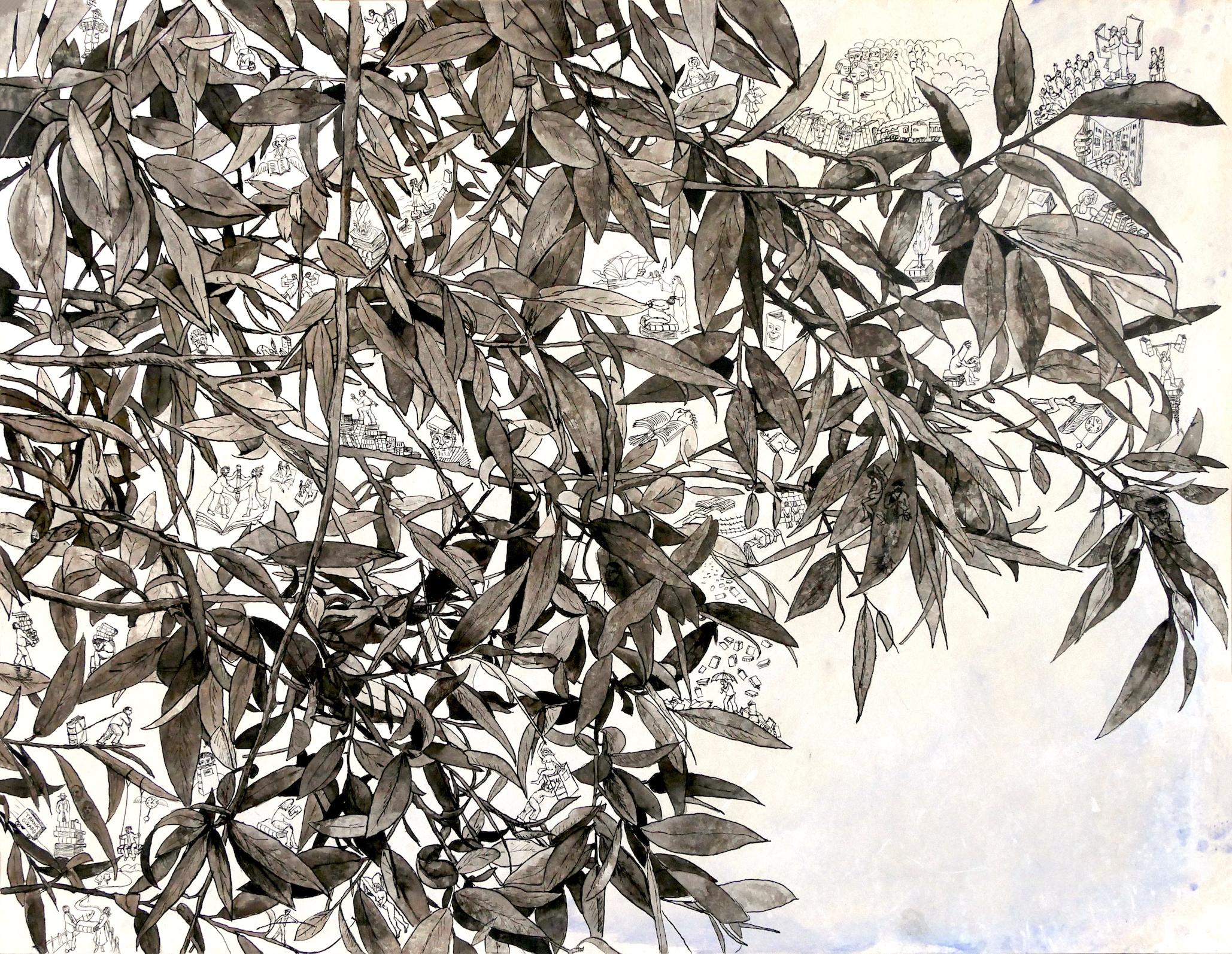 "The Leaves of my Books ", Humans, Nature, Pigment Chinese Ink Acrylic Drawing 