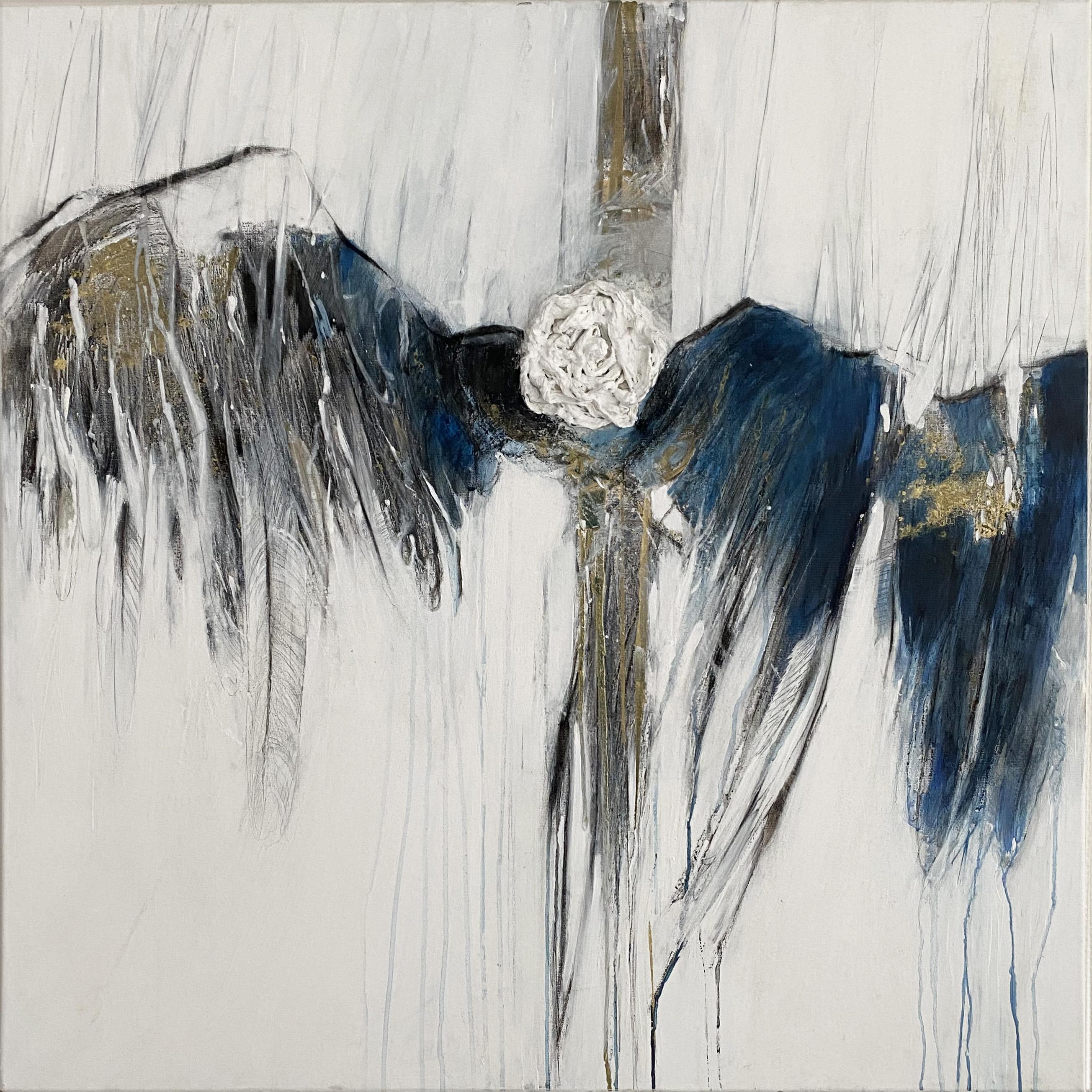 Annie Tremsal Landscape Painting – Abstrakt-expressionistisches Gemälde „ Of Rose & Flight“, Weiß, Ozeanblau, Gold
