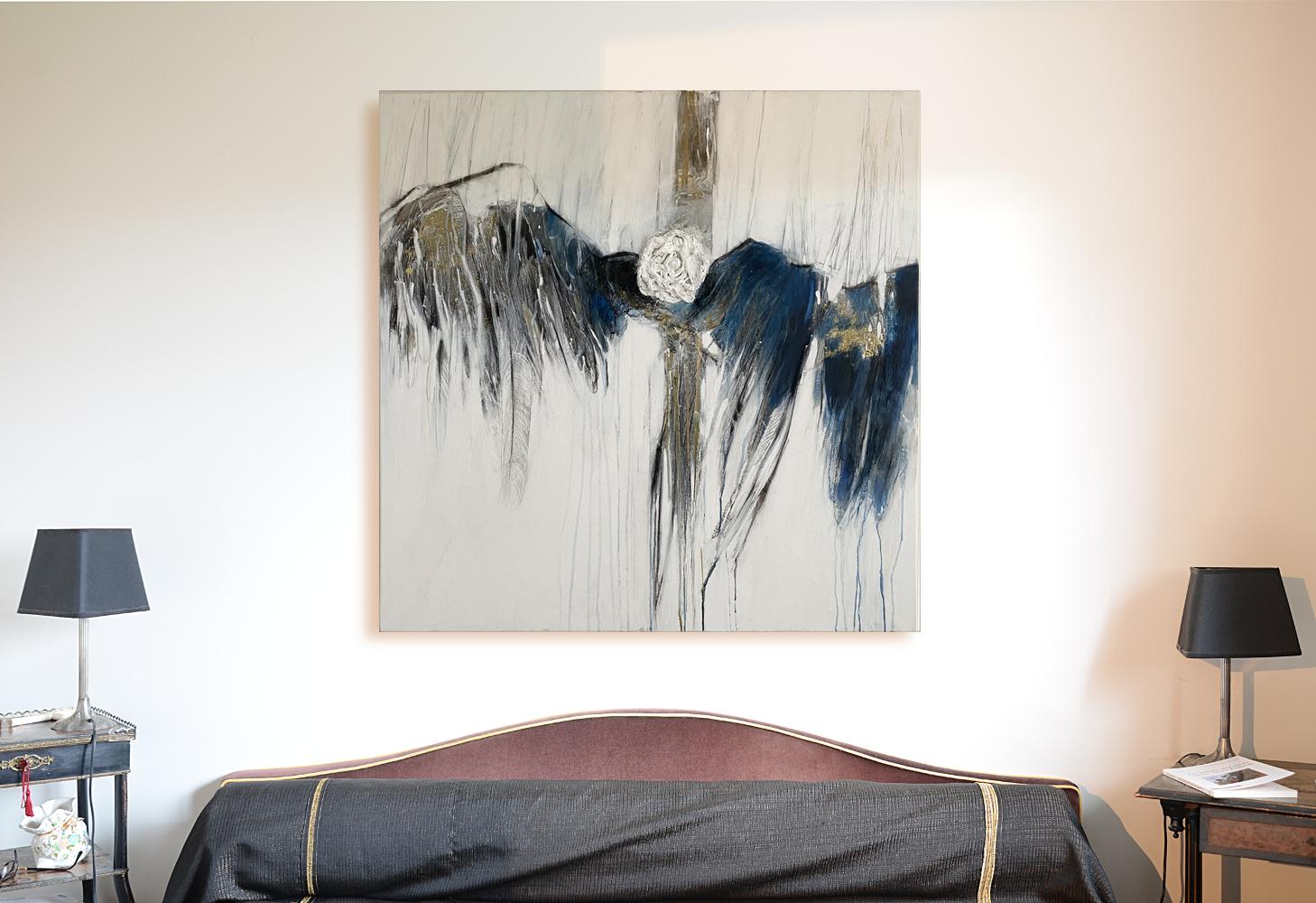 Abstrakt-expressionistisches Gemälde „ Of Rose & Flight“, Weiß, Ozeanblau, Gold im Angebot 6