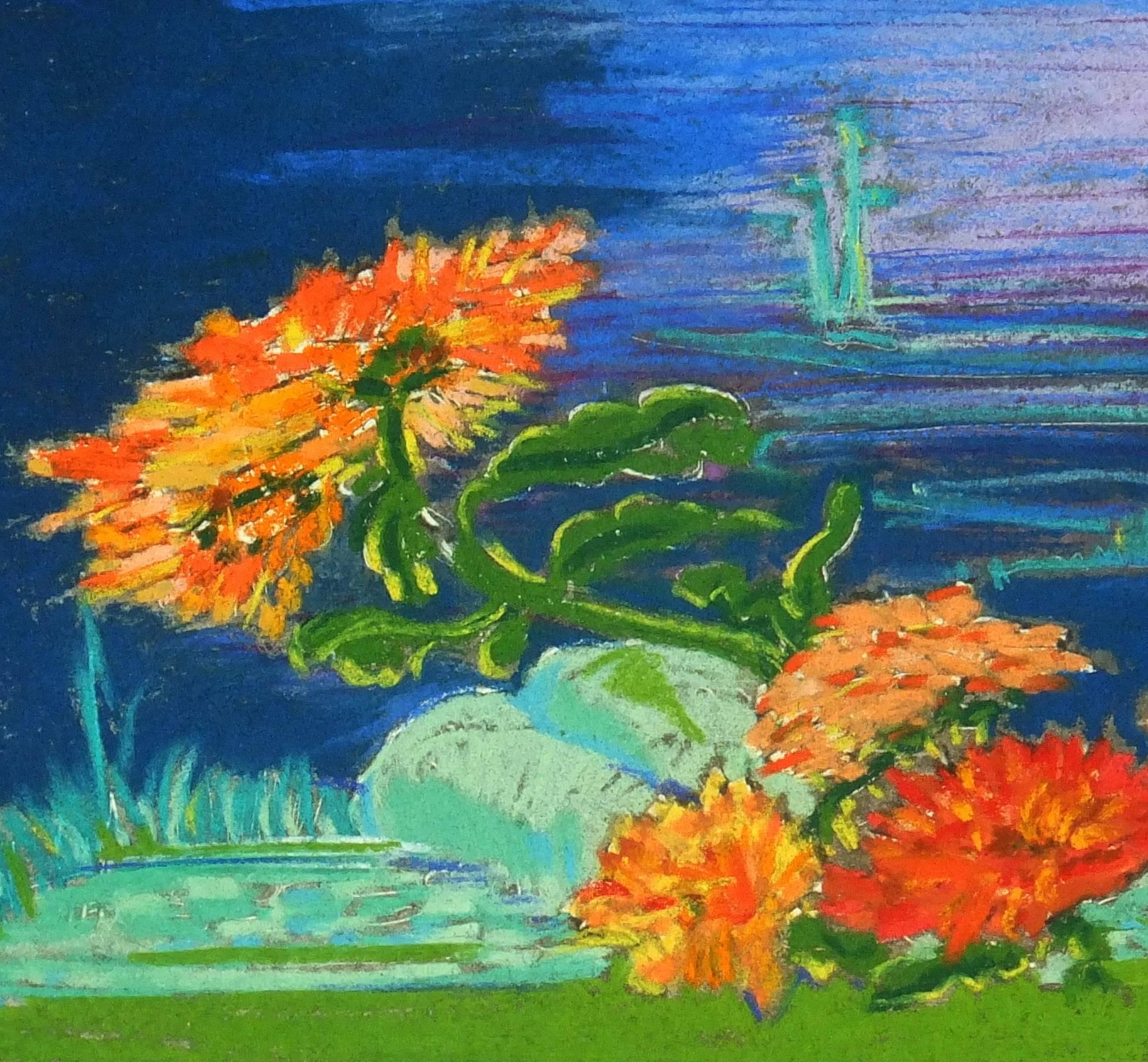Leuchtend farbenfrohes Pastell mit blauem Hintergrund - Aquamarin-Blumenblumen  – Art von June Ziegler