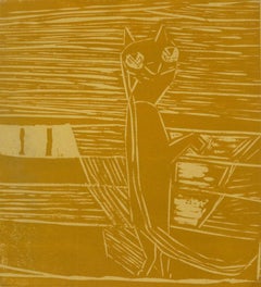 Linocut Abstract - Clever Cat Standing in Rich Gold Tones