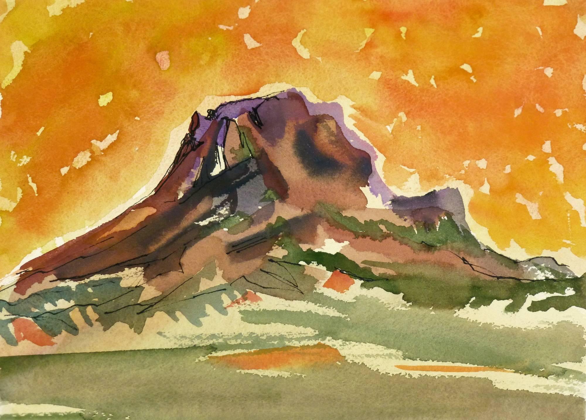 Unknown Landscape Art - Watercolor - Fiery Mountain Top Landscape