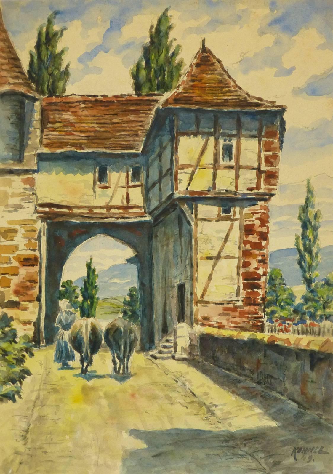 Unknown Landscape Art - Vintage Watercolor - The Village Gates