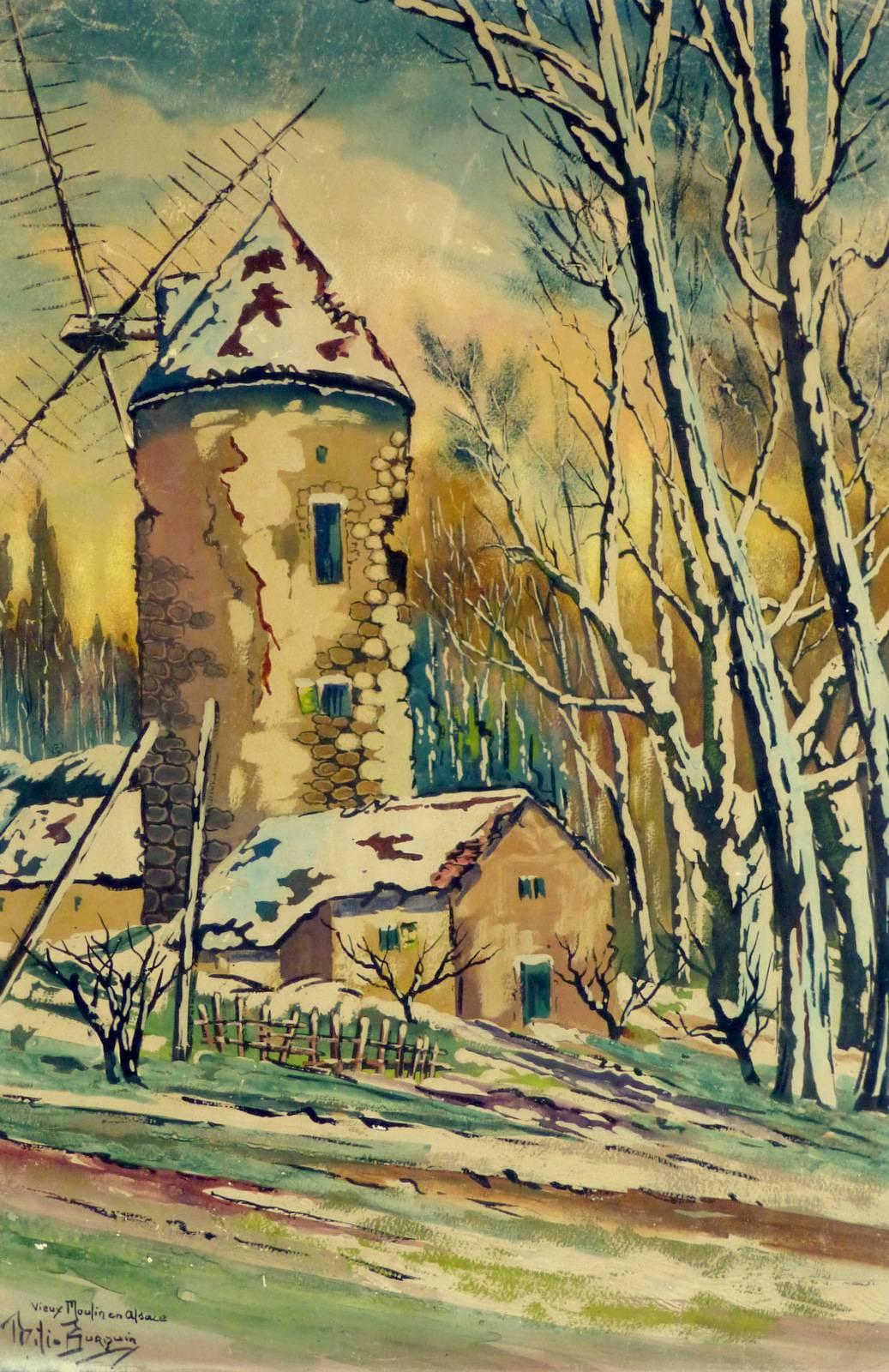Milio Burquin Landscape Art - French Watercolor Winter Landscape - Neige Couverte Vieux Moulin en Alsace