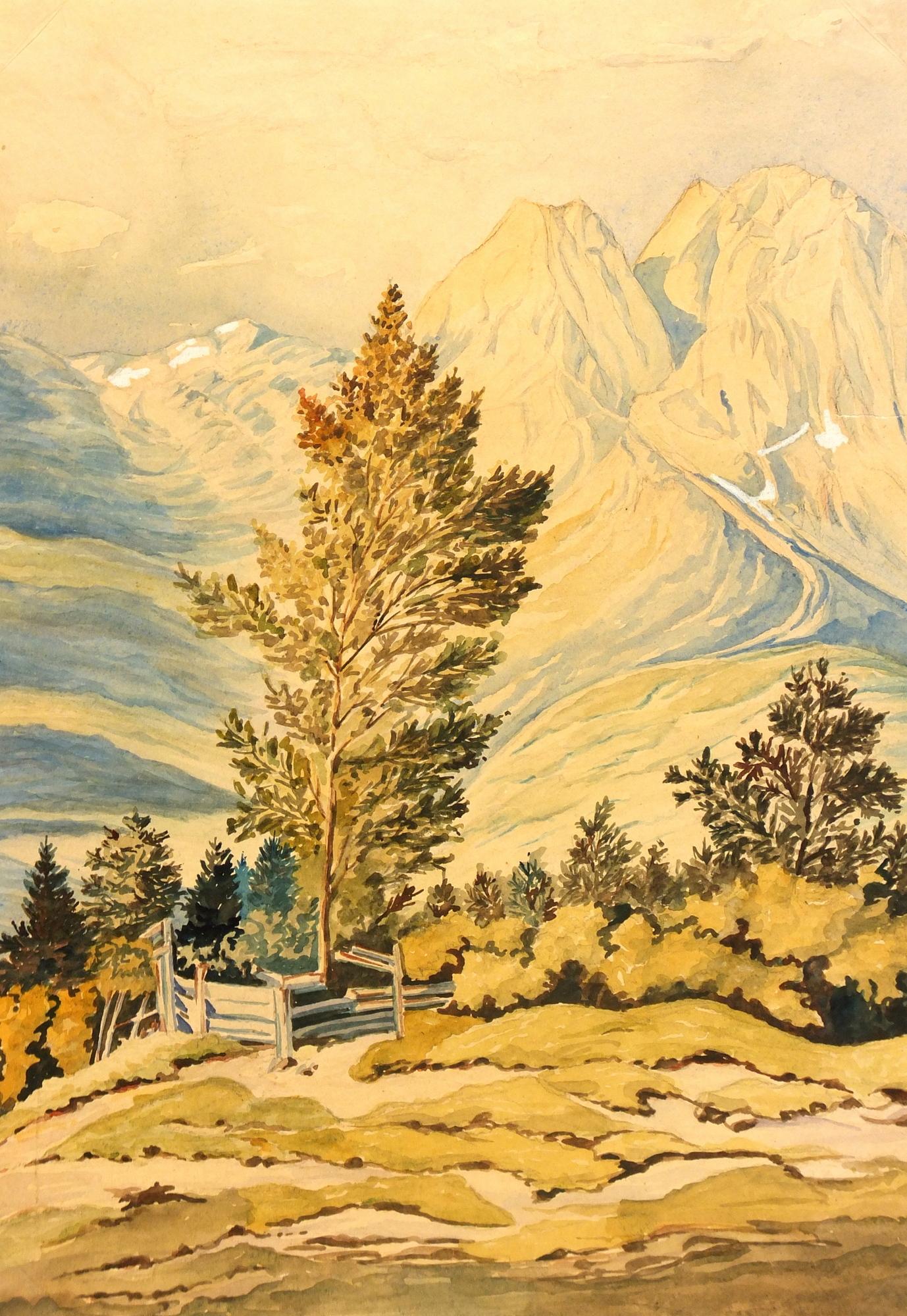 Unknown Landscape Painting - Antique Watercolor - Rich Sunlit Mountainside Landscape