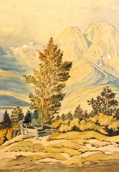 Antique Watercolor - Rich Sunlit Mountainside Landscape