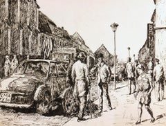 Pen and Ink Street Scene - Afternoon Stroll Through Town