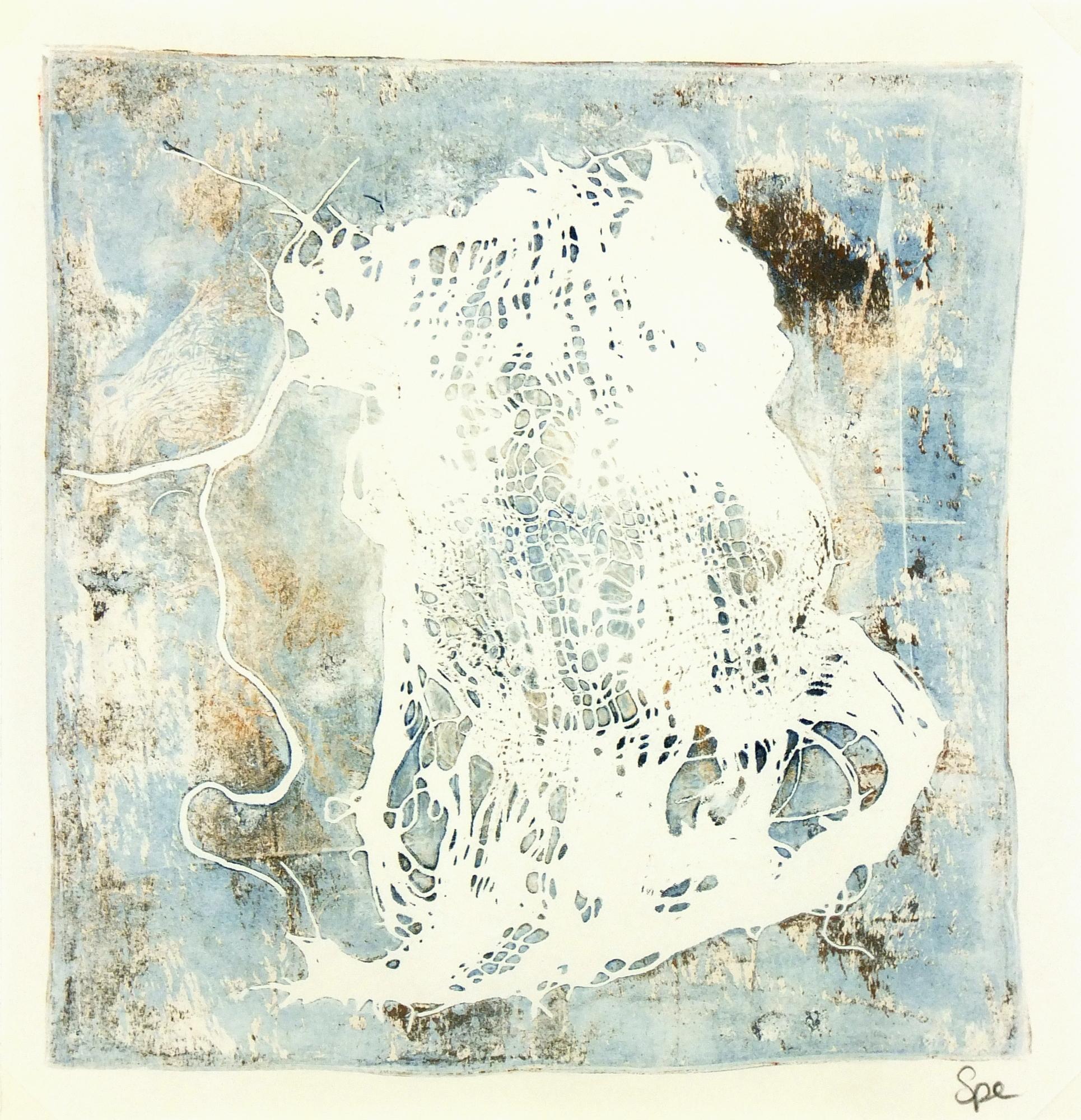 Abstract painting on light blue background with shades of gold/borwn by English artist Spe, 2013.  Signed lower right.

Original artwork on paper displayed on a white mat with a gold border. Mat fits a standard-size frame. Archival plastic sleeve
