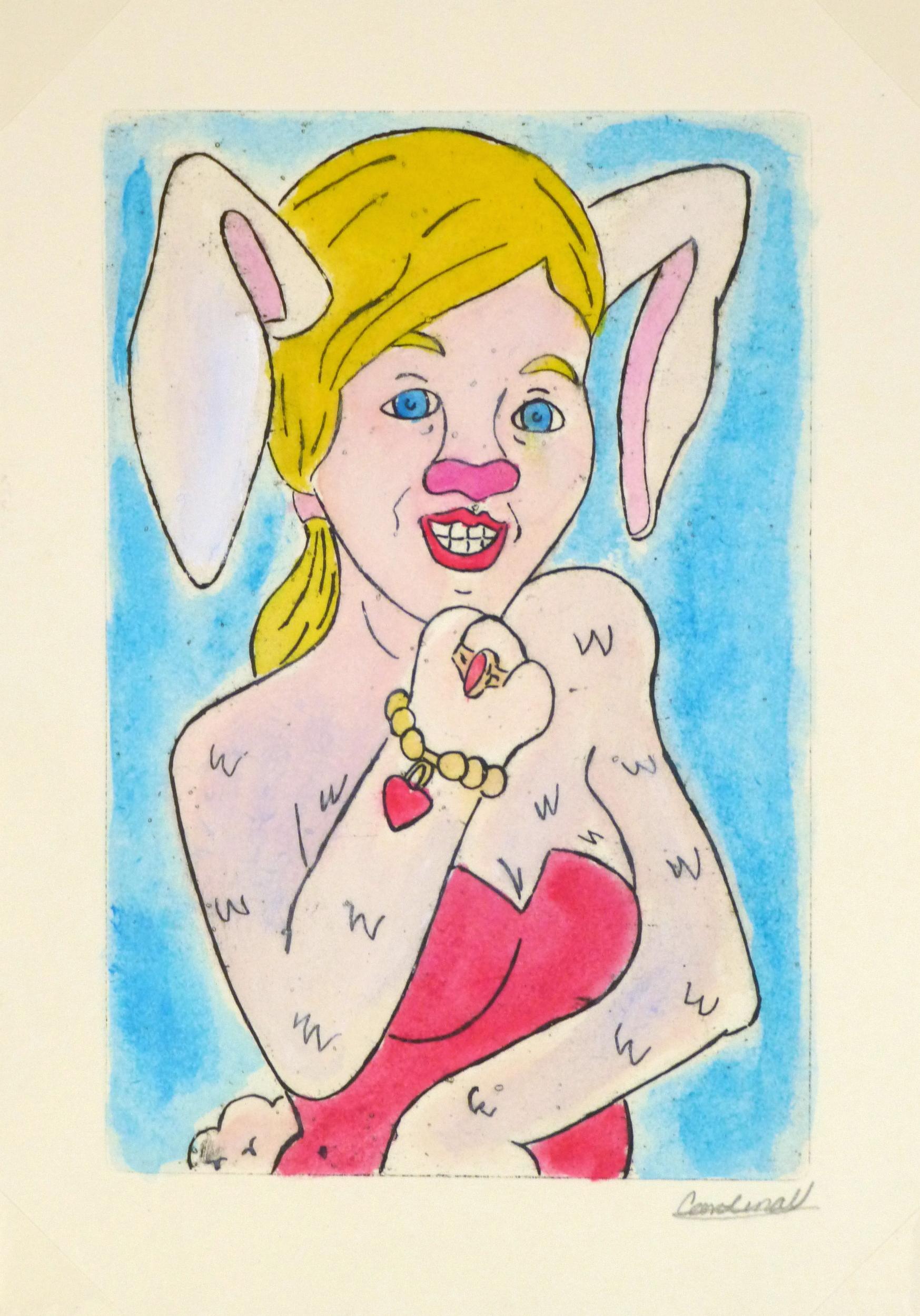 Ana May Figurative Art – Etching - Lady Animal, Pastellfarbenes Aquarell und Acryl Anthropomorphic Bunny
