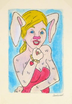 Etching - Lady Animal, Pastel Watercolor and Acrylic Anthropomorphic Bunny