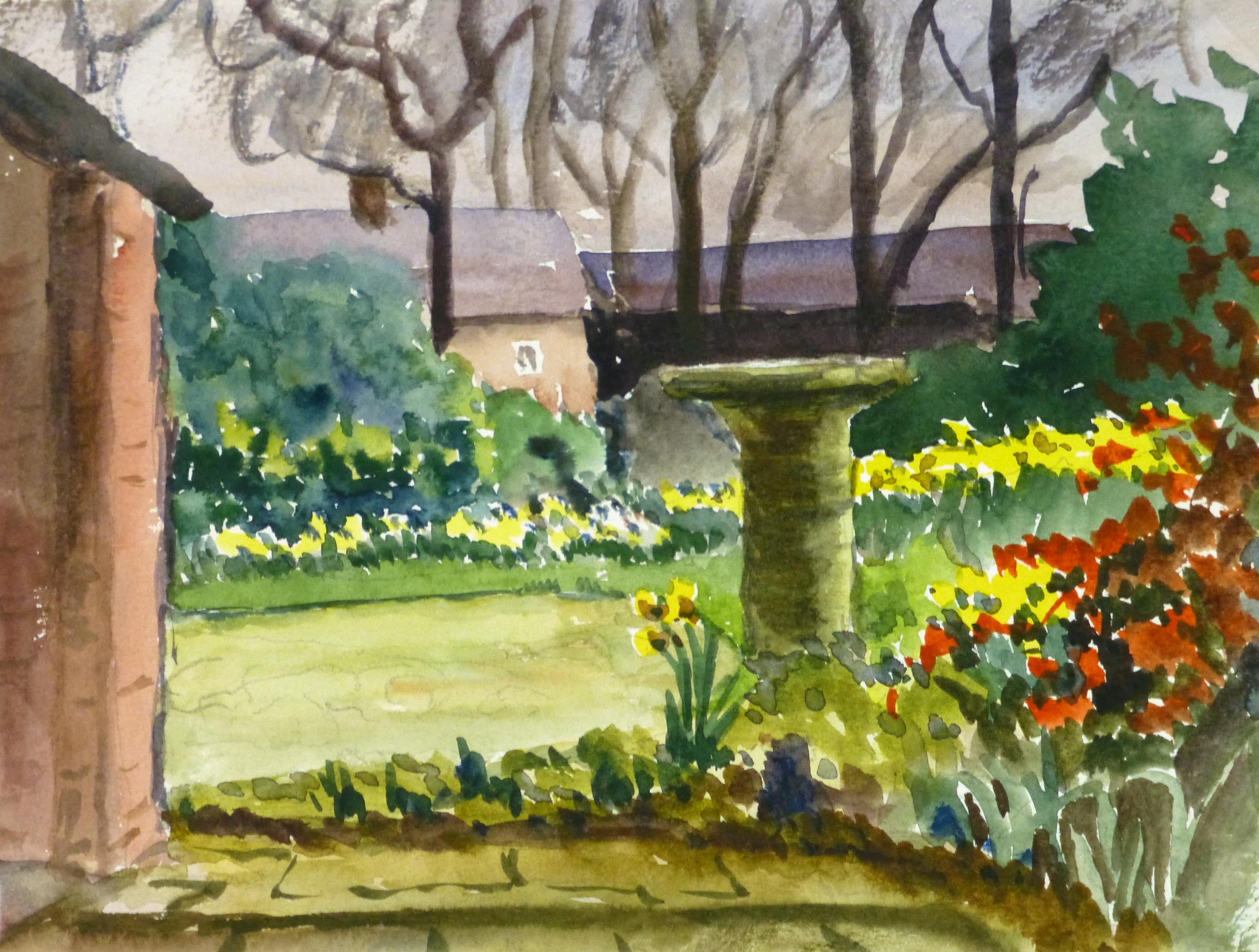 English Watercolor Landscape - Garden Nook with Birdbath