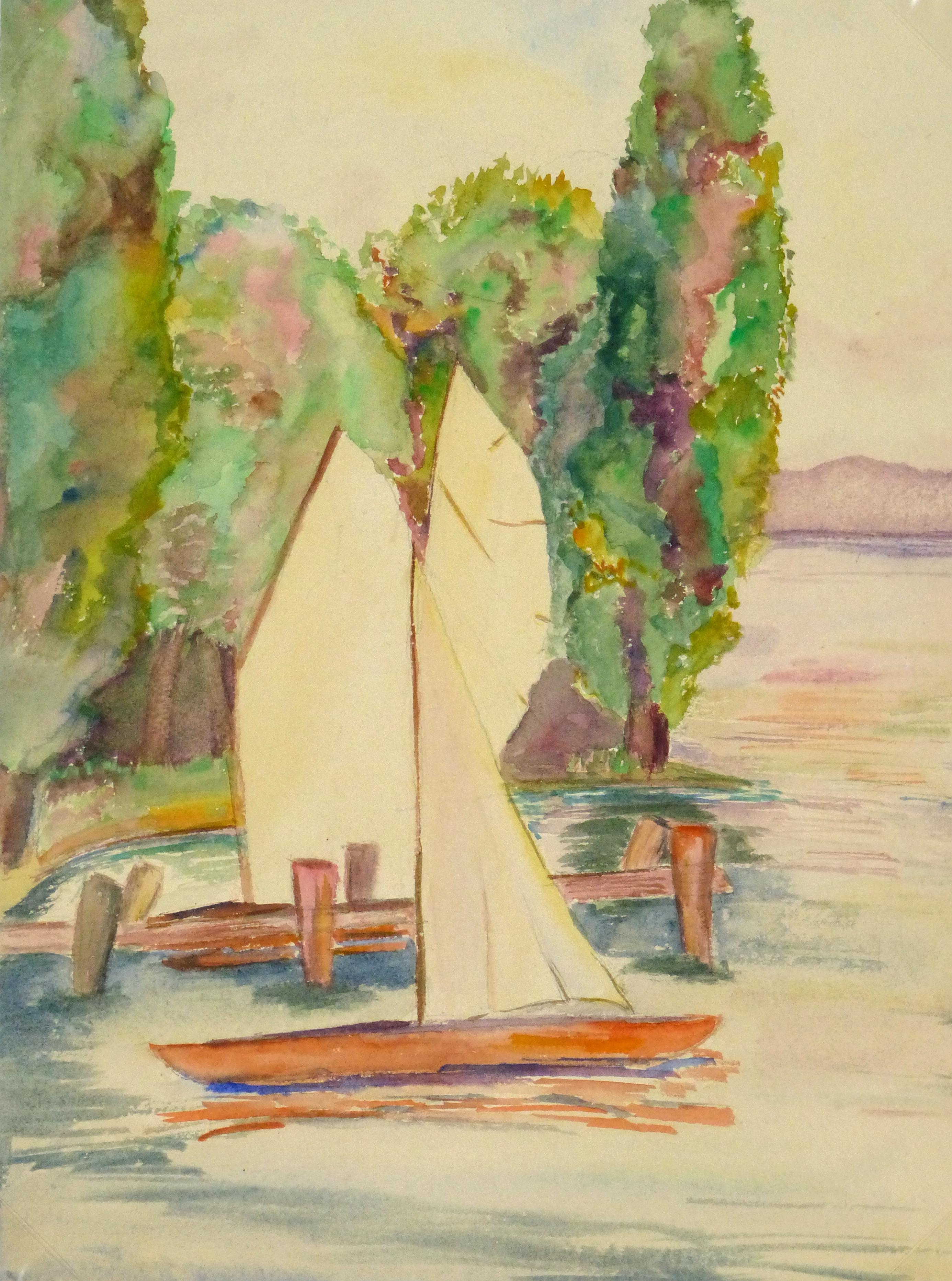 Landscape Art Erika Schob - Aquarelle de bord de lac - Voiliers sur le lac