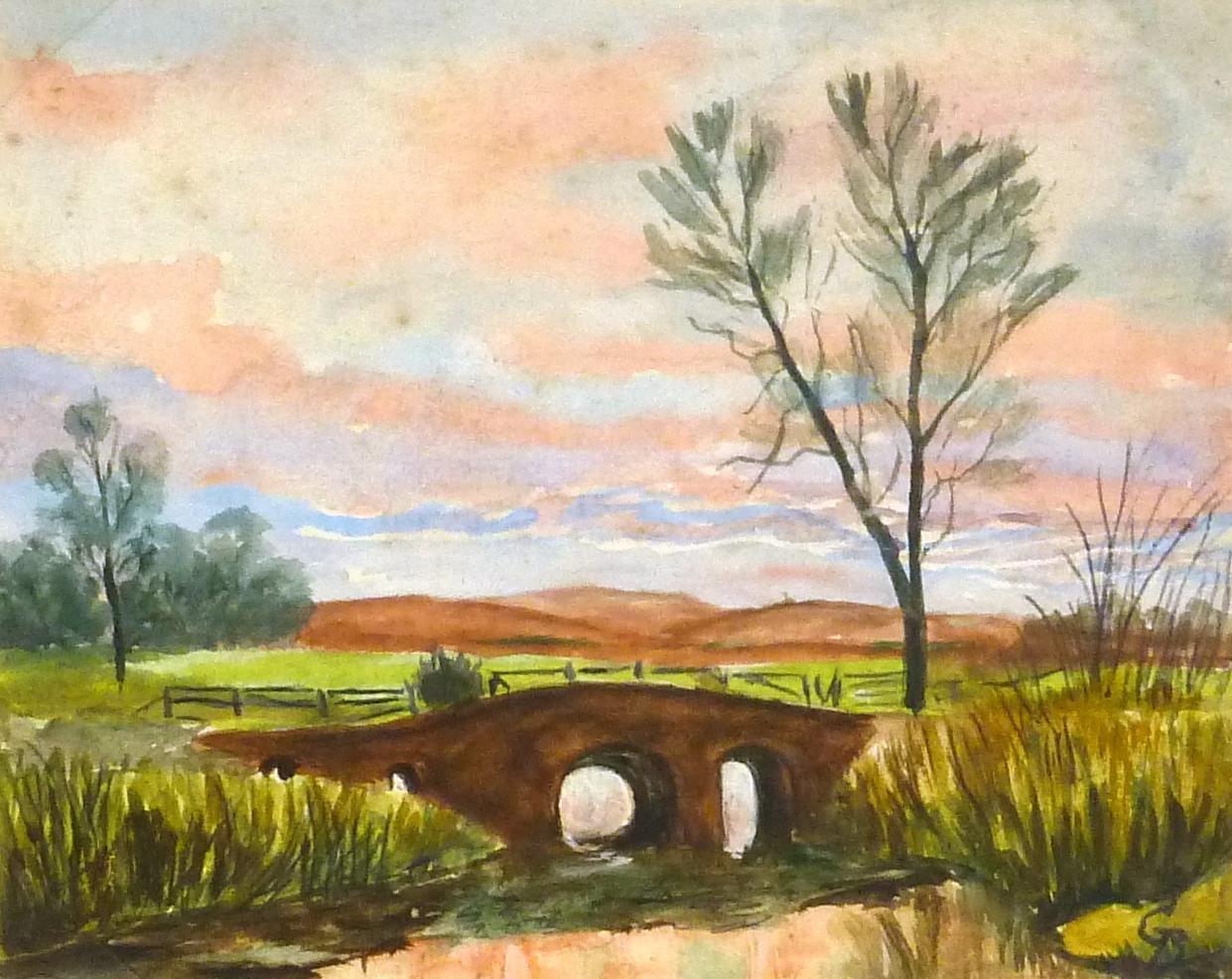 Landscape Art di G. Buckthorp - Paesaggio di campagna inglese - Ponte al crepuscolo