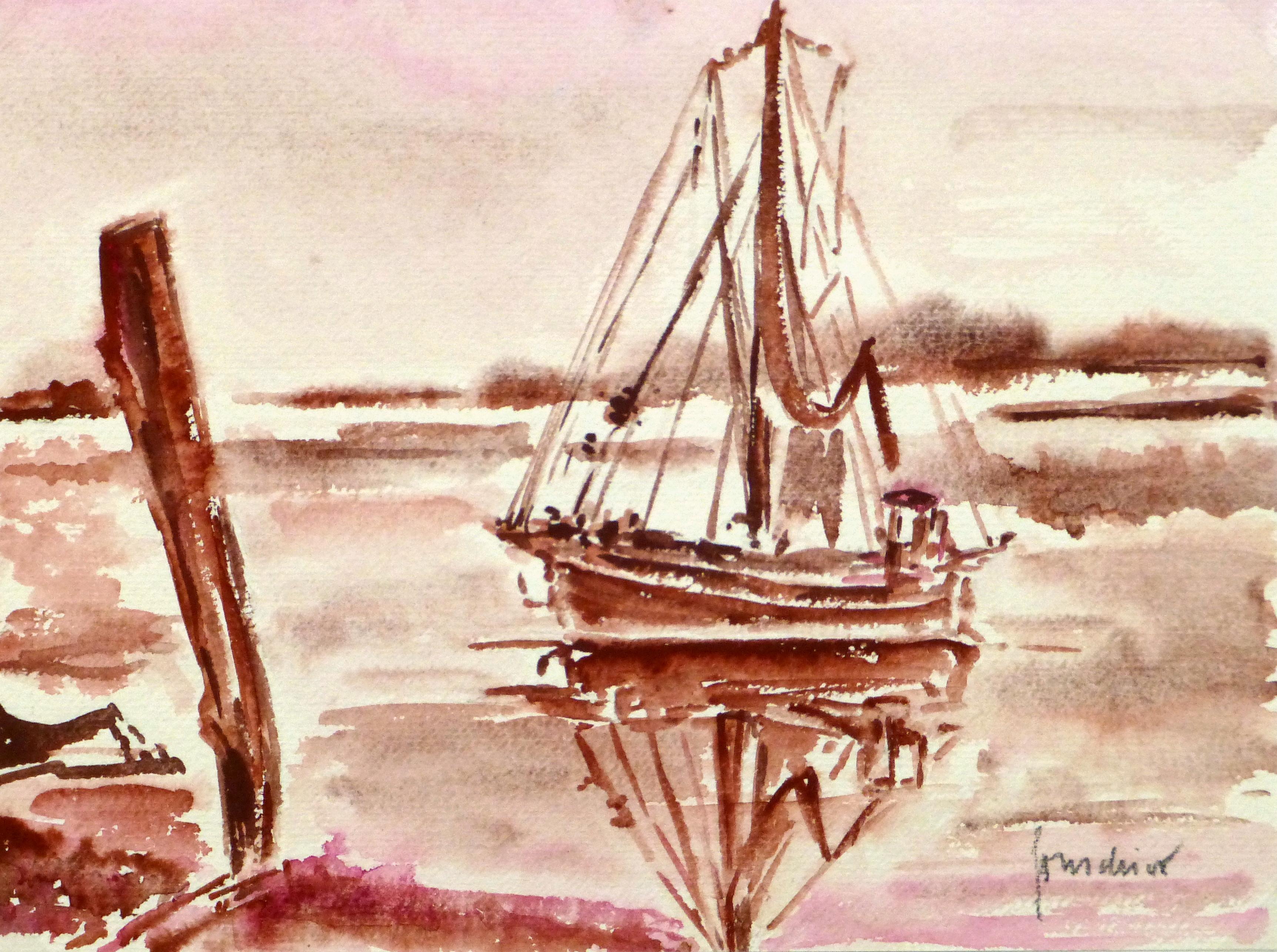 Unknown Landscape Art - French Seascape - Sailing Vessel in Crimson Tide