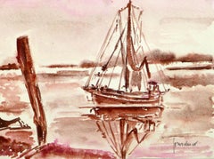 Vintage French Seascape - Sailing Vessel in Crimson Tide