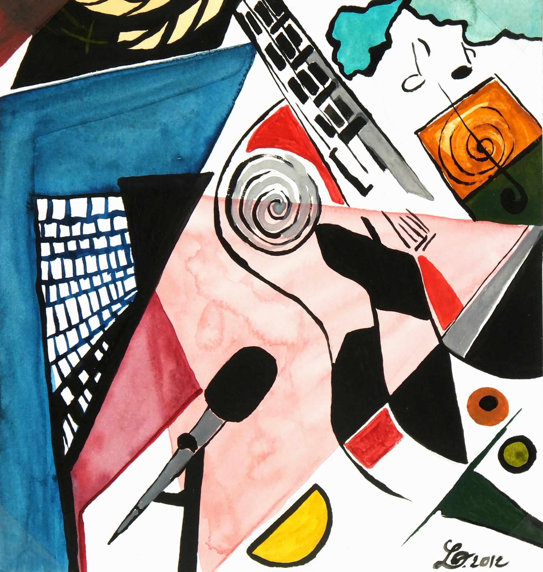 Laure Pidet Abstract Painting - Abstract Watercolor - La Guitare (The Guitar)