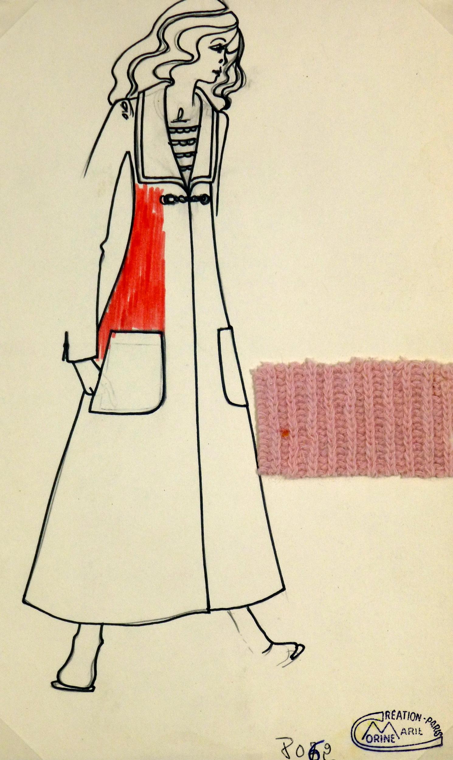 Figurative Art Unknown - Manteau en tricot vintage Paris Fashion Drawing - Manteau pardessus, vers 1980