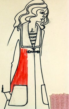 Vintage Paris Fashion Drawing - Knit Overcoat, c. 1980