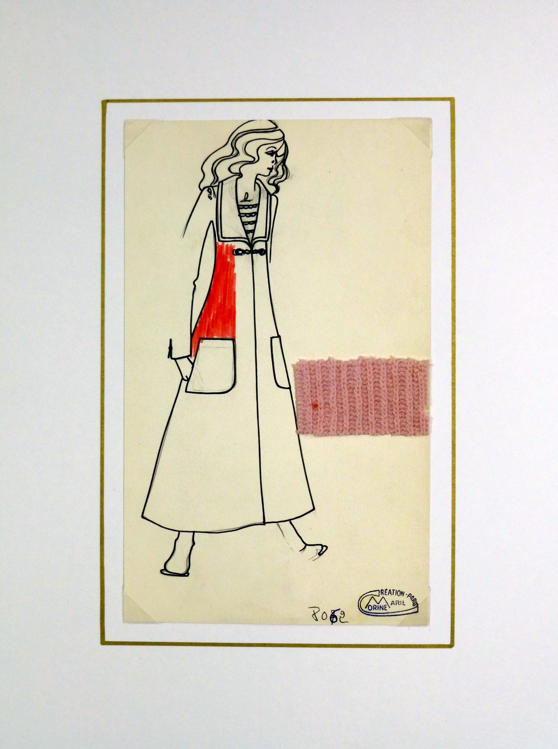 Vintage Pariser Modezeichnung - Strickmantel, ca. 1980 (Beige), Figurative Art, von Unknown