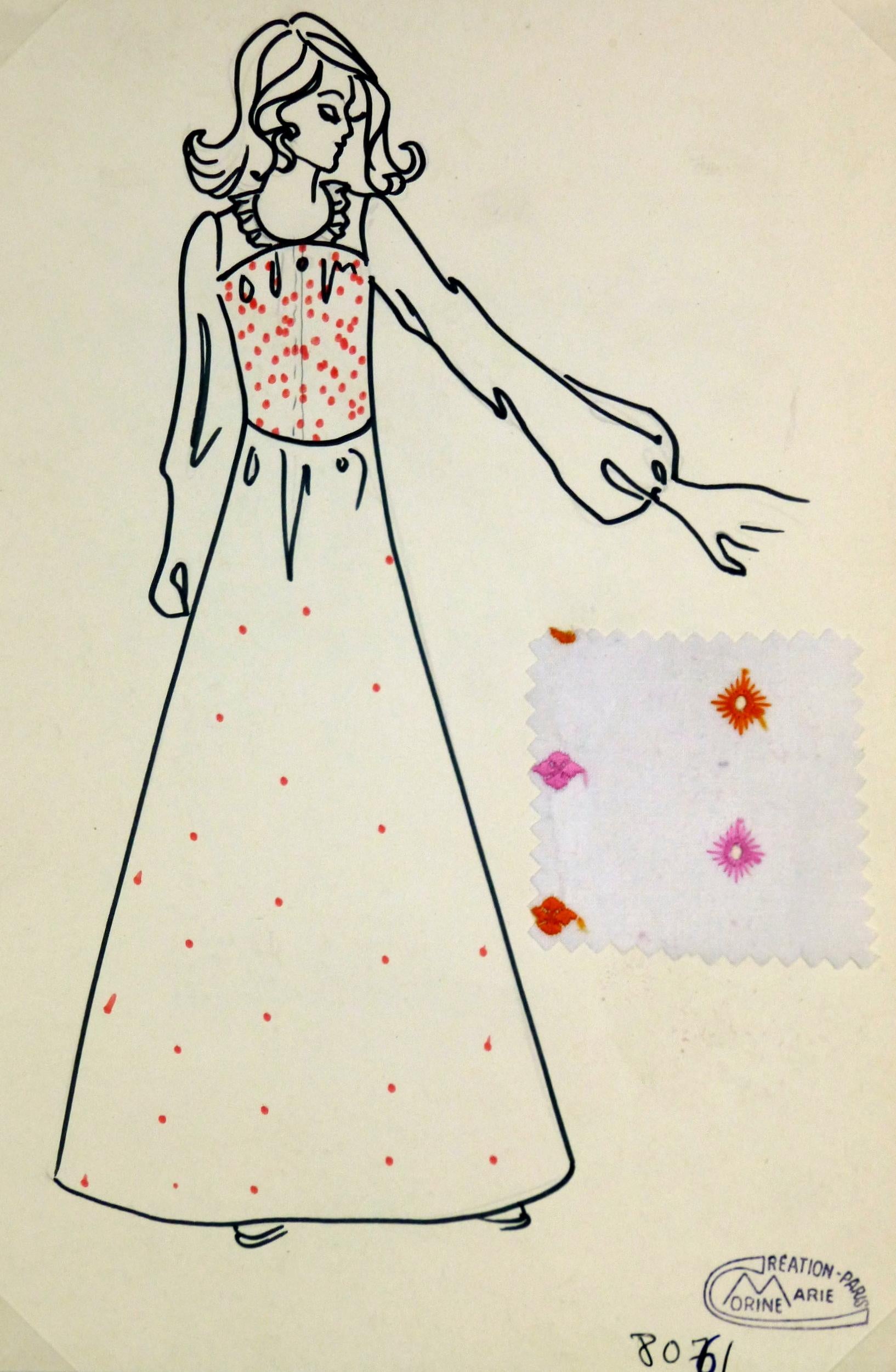 Unknown Figurative Art - Vintage Paris Fashion Drawing - Embroidered Maxi Dress, c. 1980