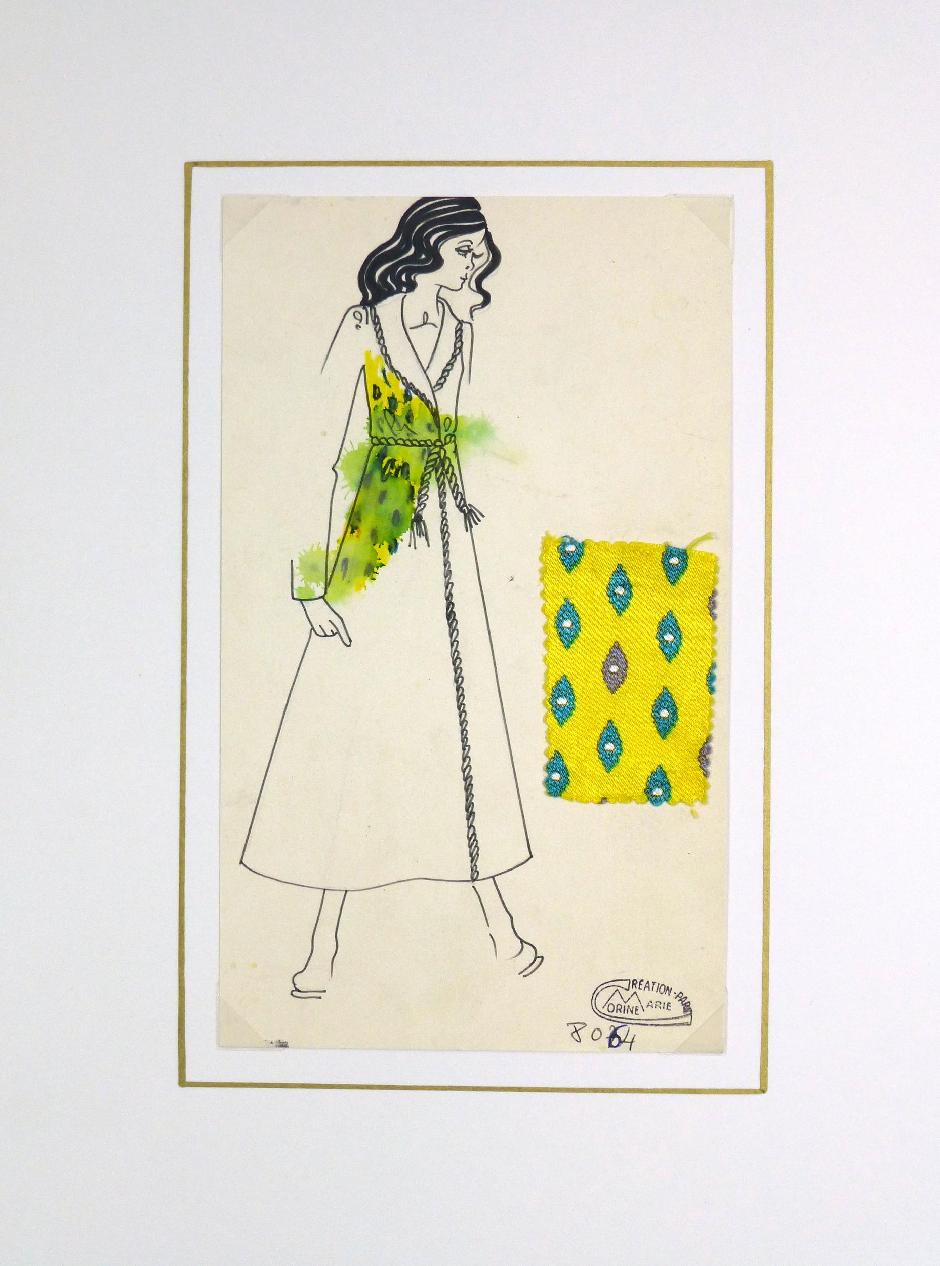 Vintage Paris Fashion Drawing - Yellow Coat, c. 1980 - Contemporary Art by Unknown