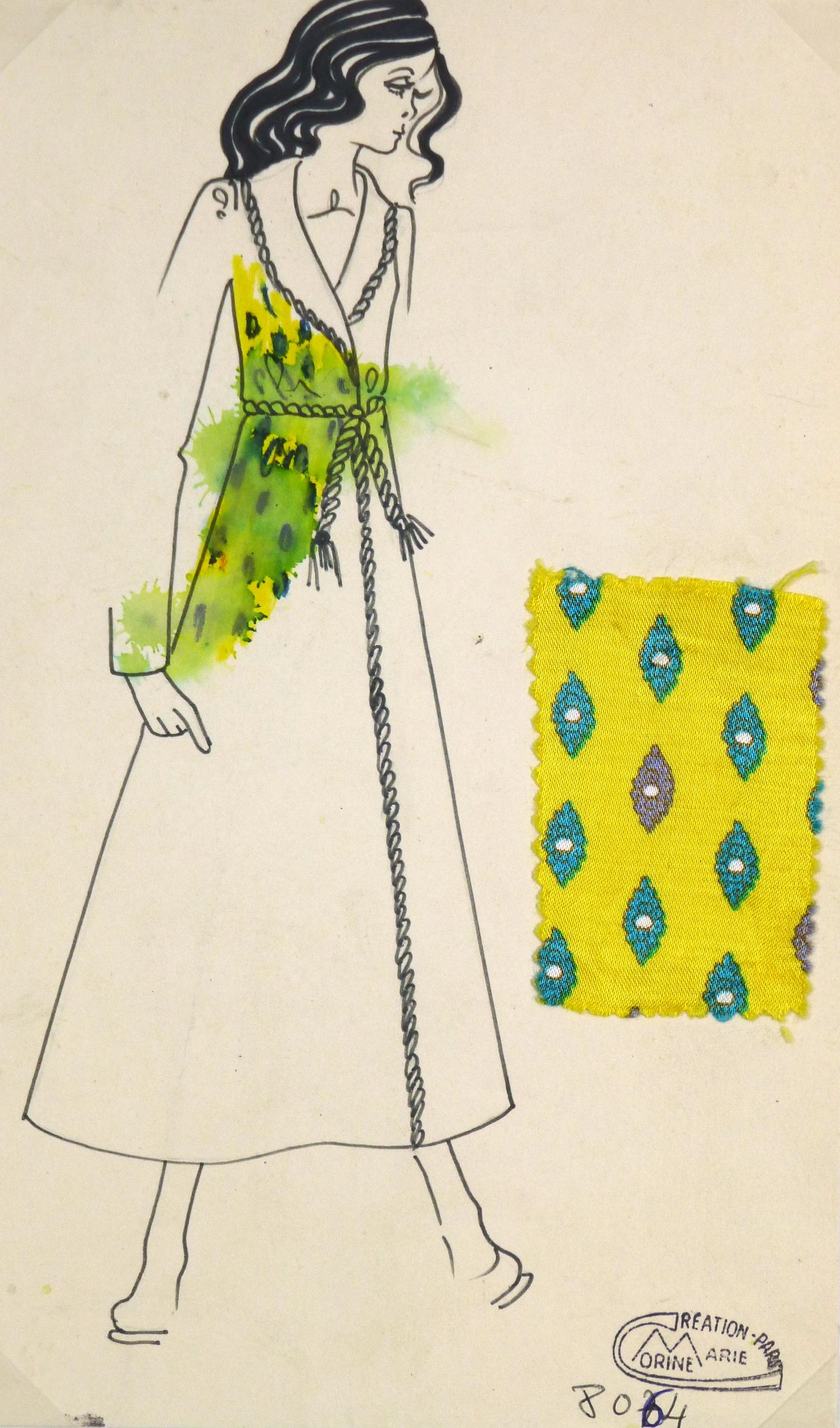 Unknown Figurative Art - Vintage Paris Fashion Drawing - Yellow Coat, c. 1980