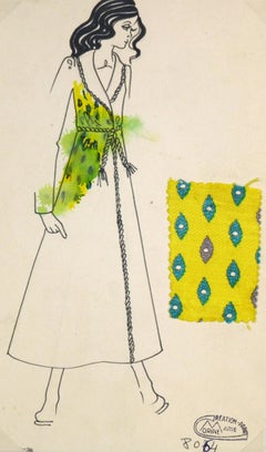 Vintage Paris Fashion Drawing - Yellow Coat, c. 1980