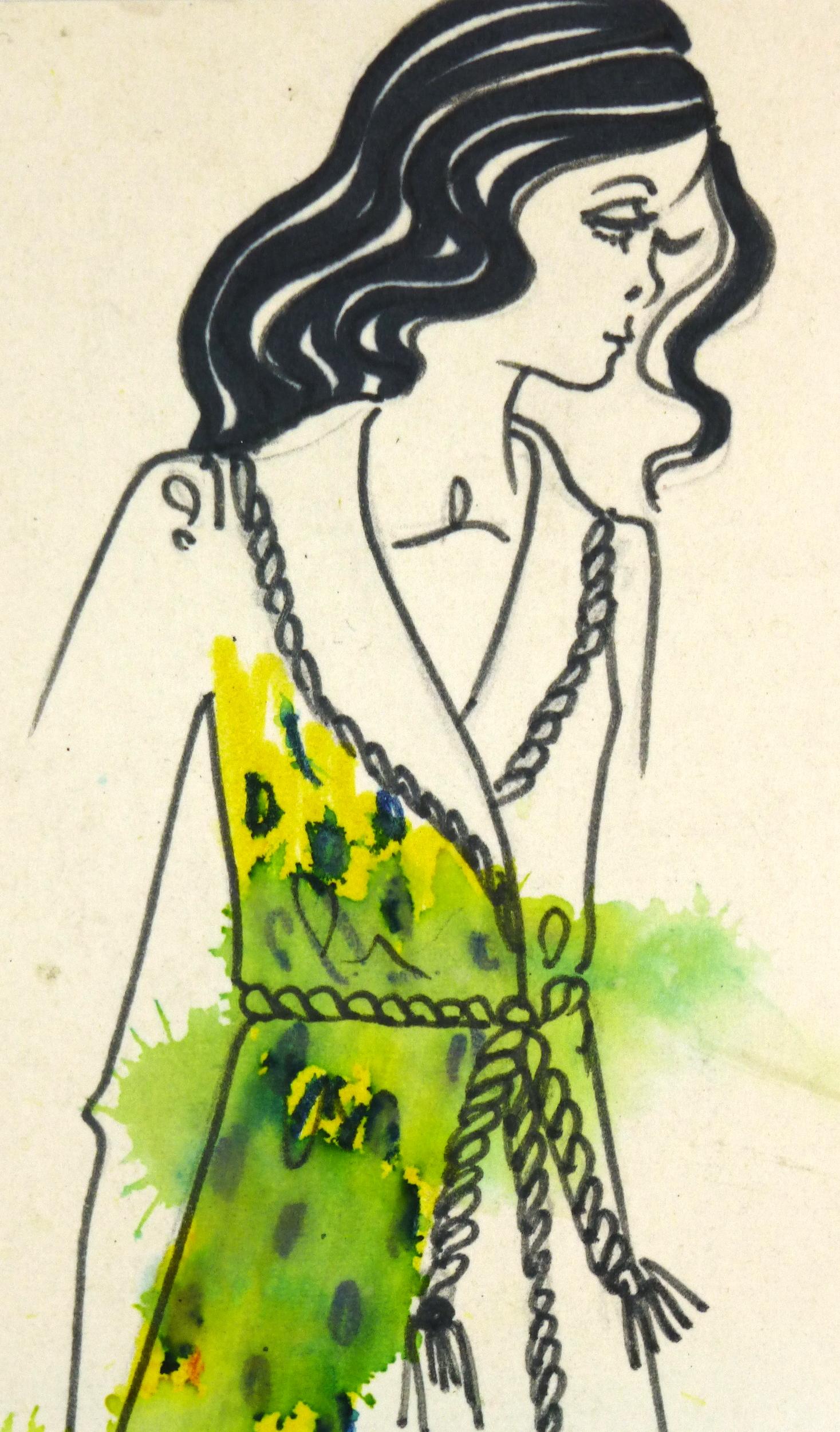 Vintage Paris Fashion Drawing - Yellow Coat, c. 1980 - Art by Unknown